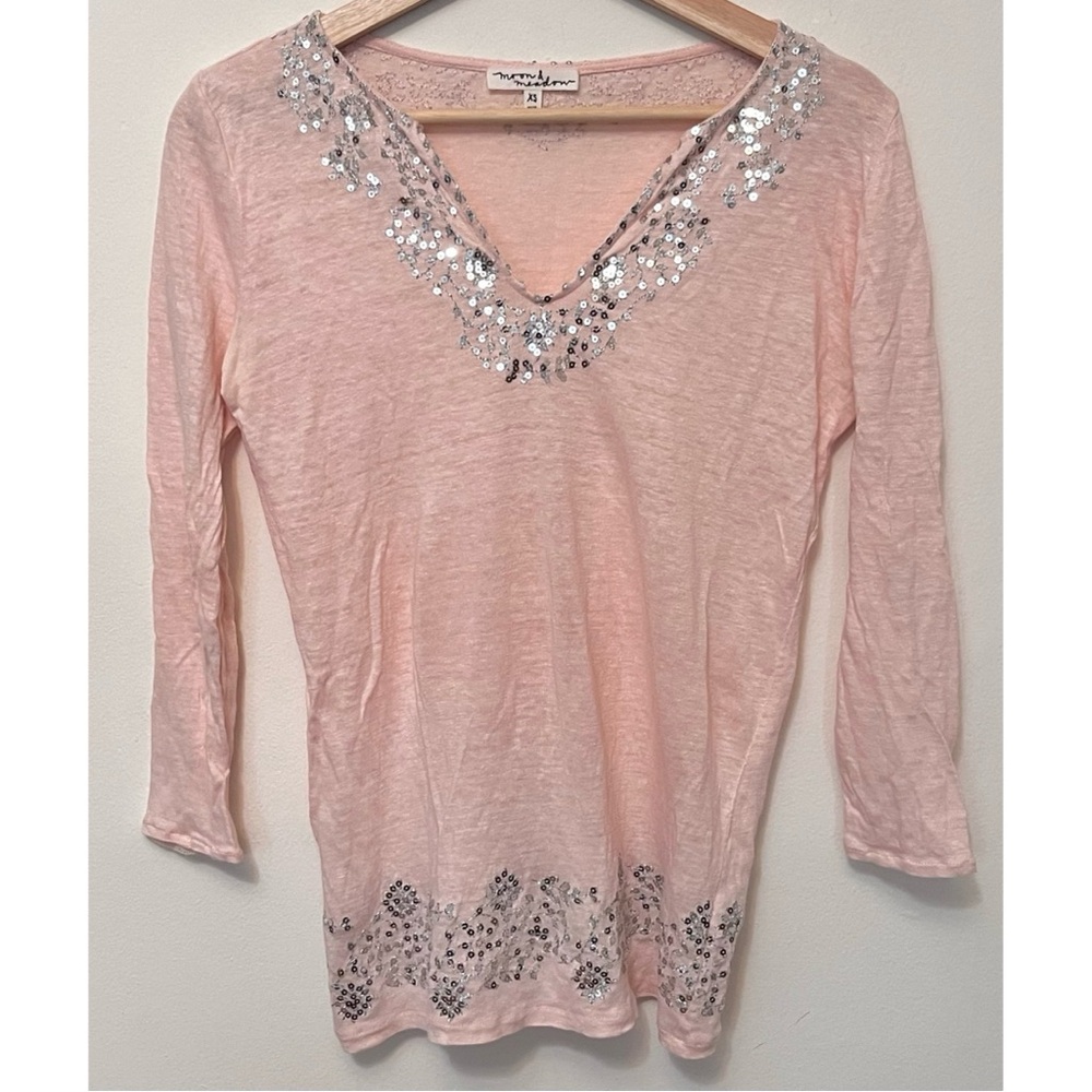 Moon & Meadow • XS • Peachy Pink Linen 3/4 Sleeve Sequin Embellished Tunic Top
